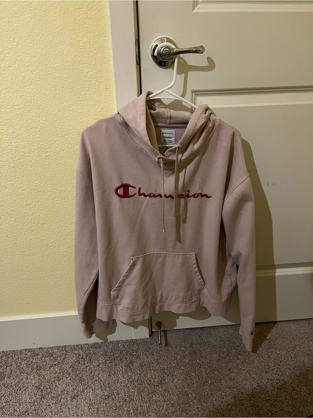 Champion Women’s Dusty Pink Pullover Hoodie with Red Logo